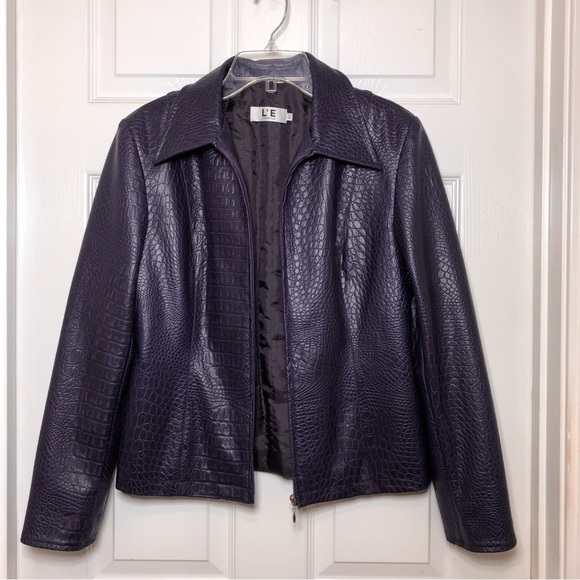 L’E L’EQUIPE PLUS Made Italy Faux Leather Crocodile  Print Purple Jacket 40=S=4 - Picture 2 of 14